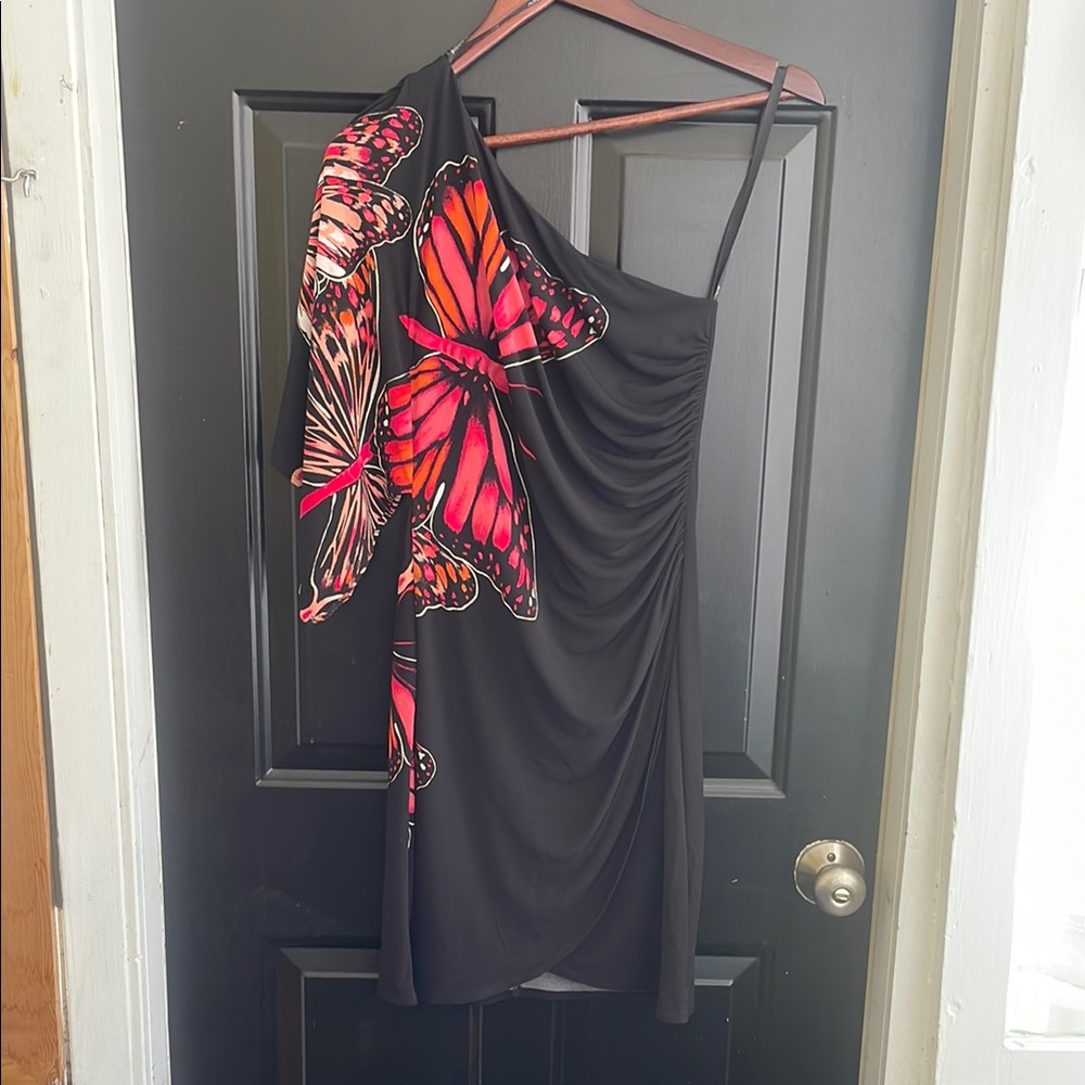 Bisou Bisou Black and Red Asymmetrical Ruched Cocktail Dress